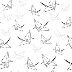 Origami seamless contour pattern. Crane sketch pattern. Japanese style seamless pattern