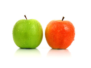 Red and green apple on a white background