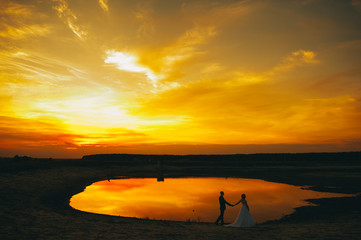 wedding couple on the background of sunset