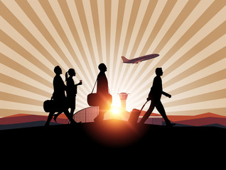 Silhouette people on airport background.