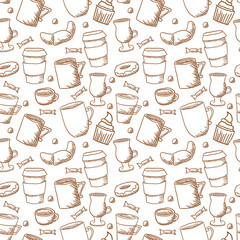 Vector seamless sketchy doodle style coffee cups and mugs backgr