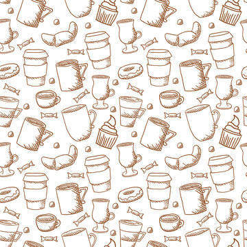Vector seamless sketchy doodle style coffee cups and mugs backgr