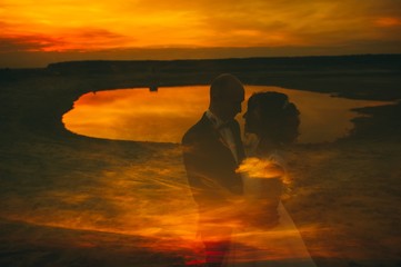Double exposure Portrait attractive couple in love, combined wit
