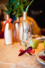 Wedding glasses filled with champagne at banquet