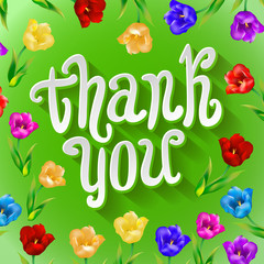 Thank you! Bright cartoon card made of flowers and butterflies. Floral background in summer colors