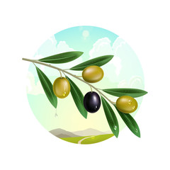Realistic olive branch on the background of mountain landscape