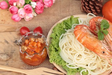 Spaghetti with shrimp and tomato sauce delicious.
