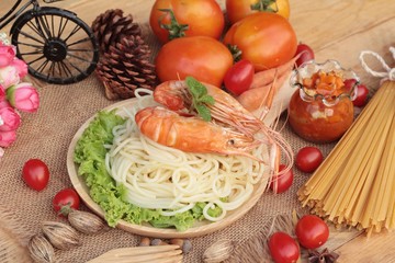 Spaghetti with shrimp and tomato sauce delicious.