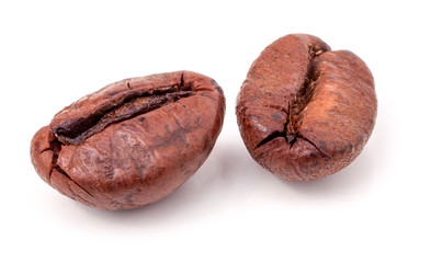 two coffee grains on white background