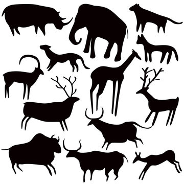 Cave painting, stylized animals silhouettes, rock art. Vector set on white background.