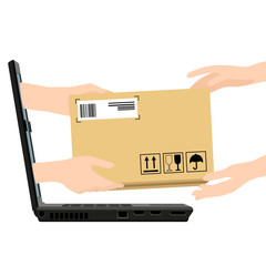 Concept for delivery service, online shopping, receiving package. Vector illustration. Hands of courier with parcel appeared from laptop and customers hands.