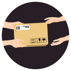 Concept for delivery service, online shopping, receiving package. Vector illustration. Hands of courier with parcel and customers hands.