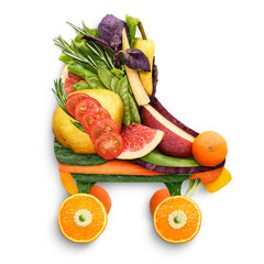 Healthy skating / Healthy food concept of quad roller skates made of fresh vegetables and fruits full of vitamins, isolated on white.