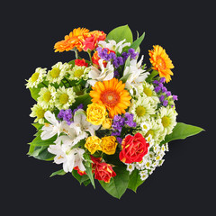 Bouquet of fresh flowers isolated on dark background from above