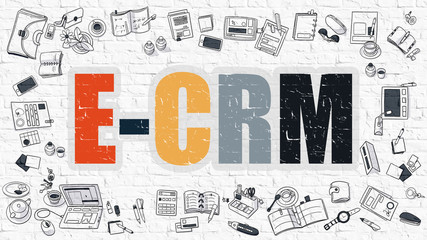 E-CRM - Electronic Customer Relationship Management - Multicolor Concept with Doodle Icons Around on White Brick Wall Background. Modern Illustration with Elements of Doodle Design Style.