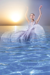 The collage of a woman coming out from the sea at sunset