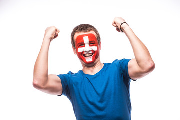 Victory, happy and  goal scream emotions of Swiss football fan in game support of  Switzerland...
