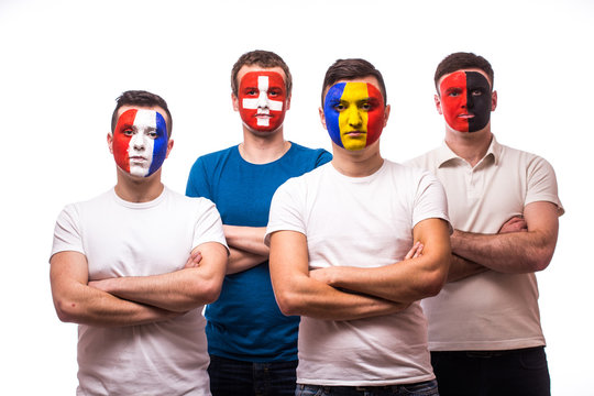 Group of football fans of their national team with crossed hands on white background. European 2016 football fans concept.