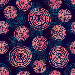 Seamless abstract pattern with hand-drawn circles, dark blue texture background with pink round shapes, can be used for design fabric, wrapping paper, package, EPS 10