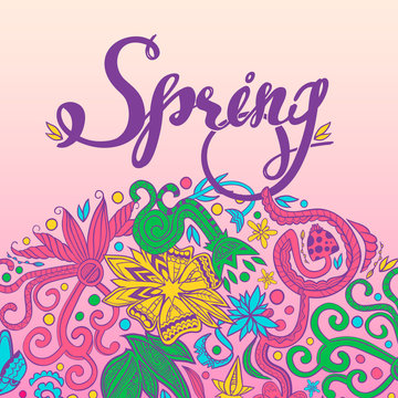 Hand drawn lettering Spring on colorful floral background, hand-drawn flourish border, EPS 10 © julijuliart