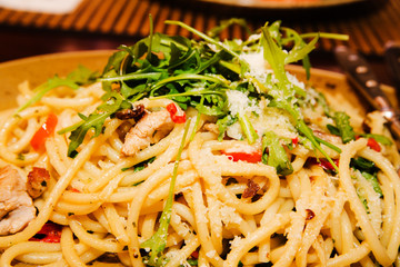 Italiant Pasta spaghetti with meat, red pepper, Parmesan cheese