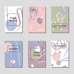 Obraz premium Vector illustration set of artistic colorful universal cards. Brush textures. Wedding, anniversary, birthday, holiday, party. Design for poster, card, invitation.