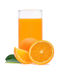 Orange juice and slices of orange isolated on white