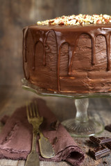 Chocolate layered cake with nuts.
