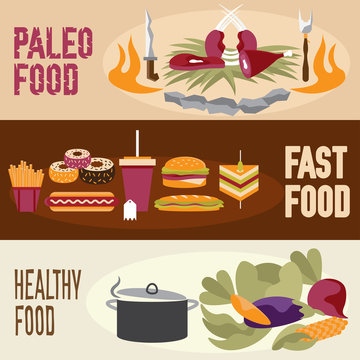 flat design vector banners with paleo food ,fast food and health