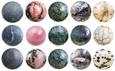 balls from shungite, rhodonite, labradorite, etc