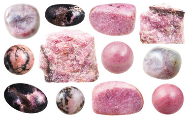 set of rhodonite stones and polished gemstones