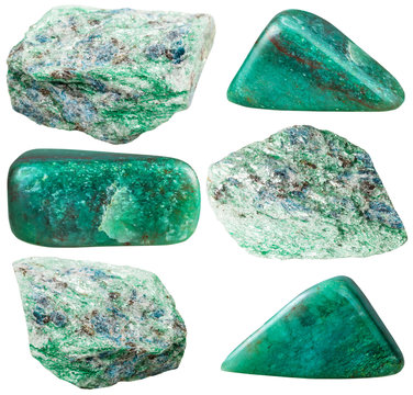 set of polished and rock fuchsite gemstones