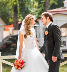 Bride and groom having a romantic moment on their wedding day