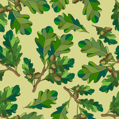 Fototapeta na wymiar Seamless texture. The branches and oak leaves with acorns.
