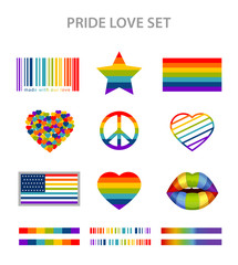 LGBT symbols set, rainbow colors: flags, hearts, peace, star, lips