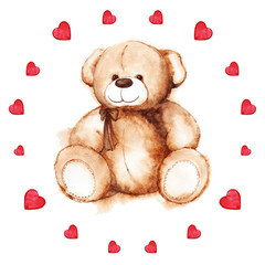 Watercolor teddy bear heart Saint Valentine's day card