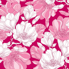 Naklejka premium Seamless pattern with ornate magnolia flower, buds and leaves in white on the pink background. Floral background in contour style.