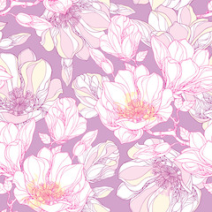 Seamless pattern with ornate magnolia flower, buds and leaves in white on the pastel background. Floral background in contour style.