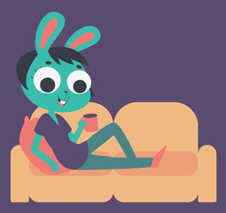 Obraz na płótnie Canvas Cute Bunny Girl Relaxing on Sofa