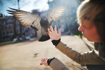 dove with open wings sits on the girl's hand