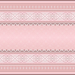 Pink brown wintage seamless border on a lace pink background.