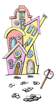 Cartoon huisjes op elkaar gebouwd