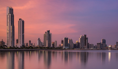 Panama City, city center skyline and Bay of Panama, Panama, Central America.