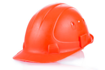 Fototapeta premium Orange Red plastic construction helmet isolated on white background.