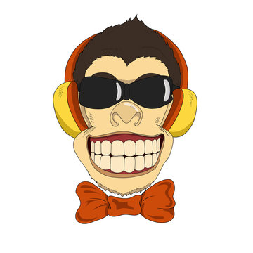 Funny cartoon monkey with headphones and bow-tie. 