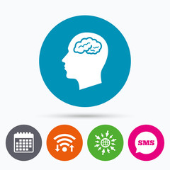 Head with brain sign icon. Male human head.