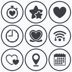 Heart ribbon icon. Timer stopwatch symbol.