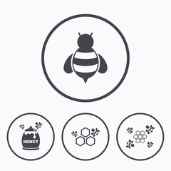 Honey icon. Honeycomb cells with bees symbol.