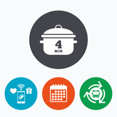 Boil 4 minutes. Cooking pan sign icon. Stew food