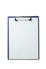 Sheet of blank paper on holder on white background